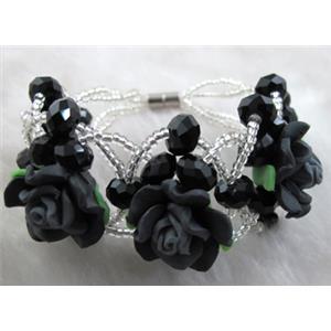 fimo clay bracelet with crystal glass, black, flower:20mm, approx 7 inch length