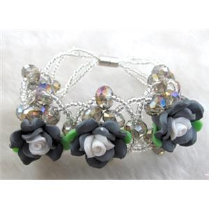 fimo clay bracelet with crystal glass, grey, white, flower:20mm, approx 7 inch length