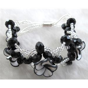 fimo clay bracelet with crystal glass, black, white, flower:16mm, approx 7 inch length