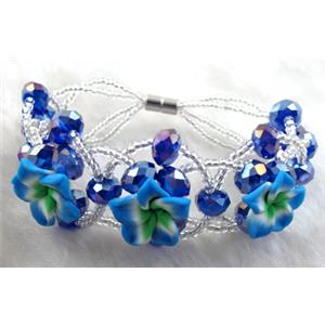 fimo clay bracelet with crystal glass, blue, flower:16mm, approx 7 inch length