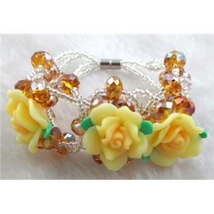 fimo clay bracelet with crystal glass, yellow, flower:20mm, approx 7 inch length