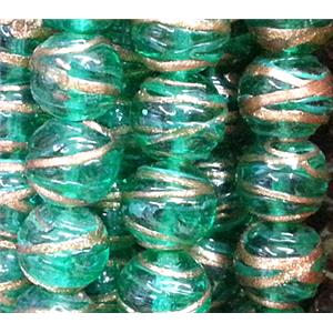 glass lampwork beads with goldsand line, round, green, 12mm dia