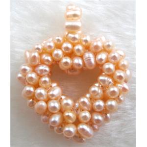 freshwater pearl pendant, cluster, heart, handcraft, pink, 40x50mm