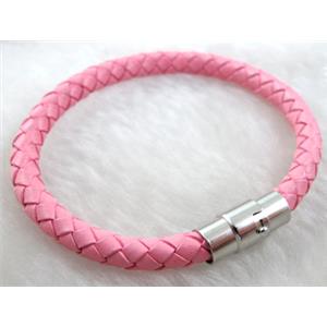 Pink Leather Bracelet, magnetic clasp, 6mm dia,8 inch length