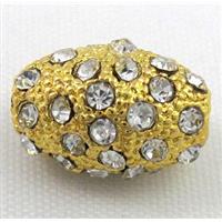 alloy bead, pave rhinestone, oval, gold, approx 9x13mm