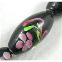 black lampwork glass beads, barrel, flower, 10x19mm, hole:2mm