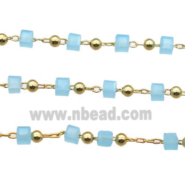copper chain with blue crystal glass cube beads, gold plated