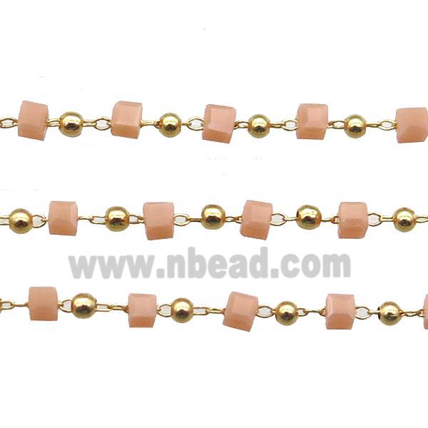 copper chain with peach crystal glass cube beads, gold plated