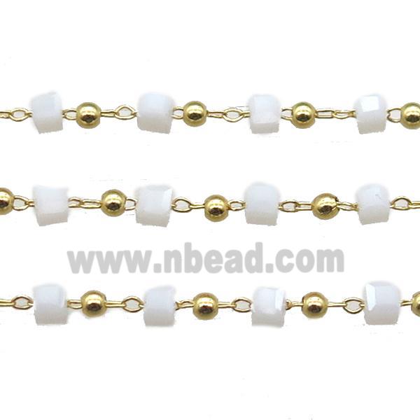 copper chain with white crystal glass cube beads, gold plated