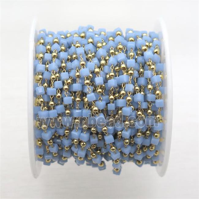 copper chain with blue crystal glass cube beads, gold plated