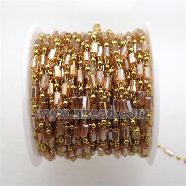 copper chain with champagne crystal glass beads, tube, gold plated