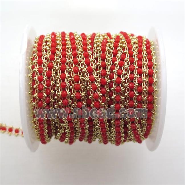 copper chain with red crystal glass beads, tube, gold plated