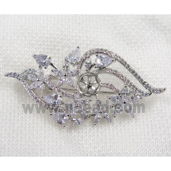 copper flower brooch paved zircon, platinum plated
