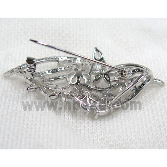 copper flower brooch paved zircon, platinum plated