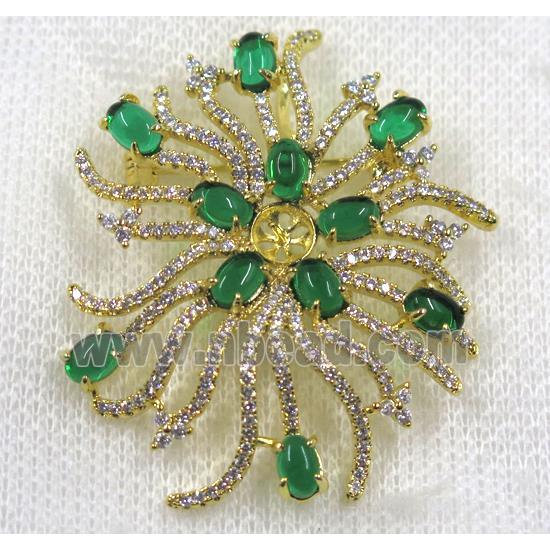 copper flower brooch paved zircon, gold plated