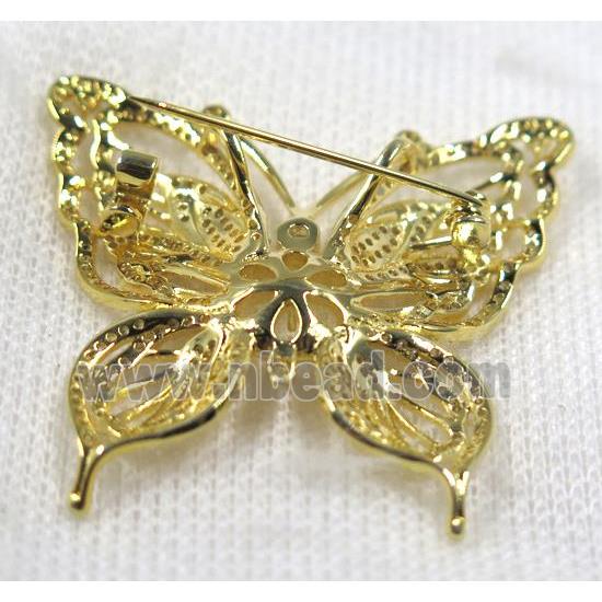 copper butterfly brooch paved zircon, gold plated