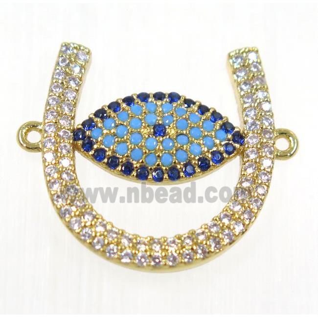 copper U connector paved zircon with evil eye, gold plated