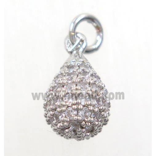 copper Teardrop pendant paved zircon, platinum plated