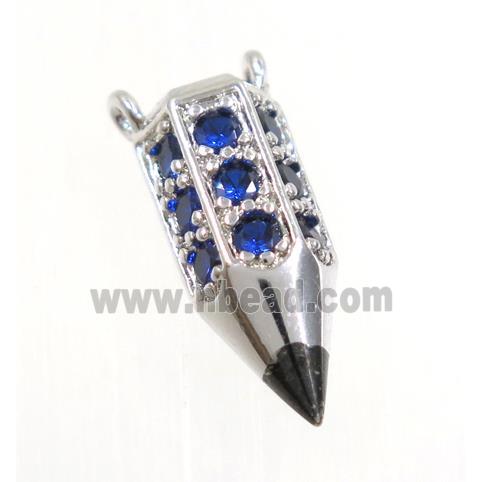 copper Arrowhead pendant paved blue zircon with 2loops, platinum plated