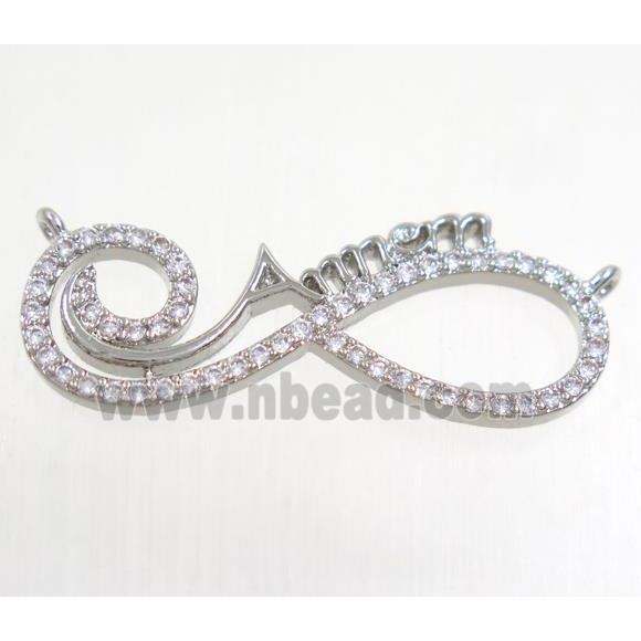 copper pendant paved zircon with 2loops, infinity, platinum plated