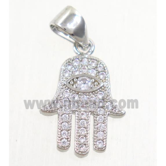copper hamsahand pendant paved zircon, platinum plated