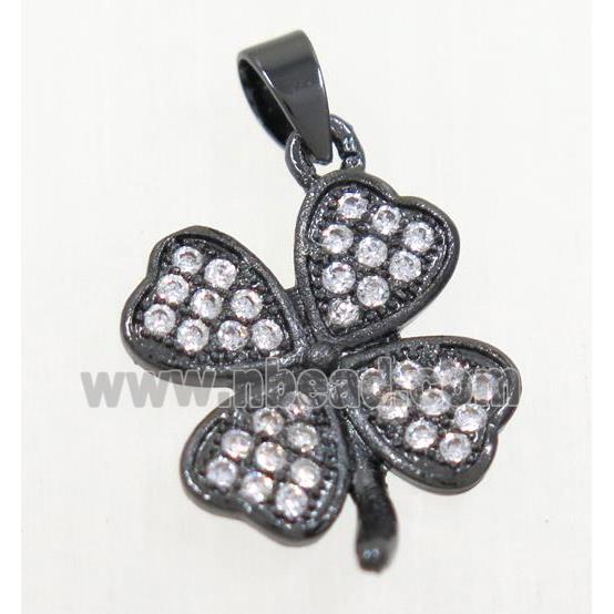 copper pendant paved zircon, four-leaf Clover, black plated
