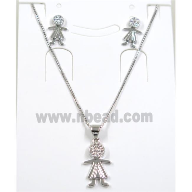 Jelwelry set, copper necklace earring pave zircon, kids, platinum plated