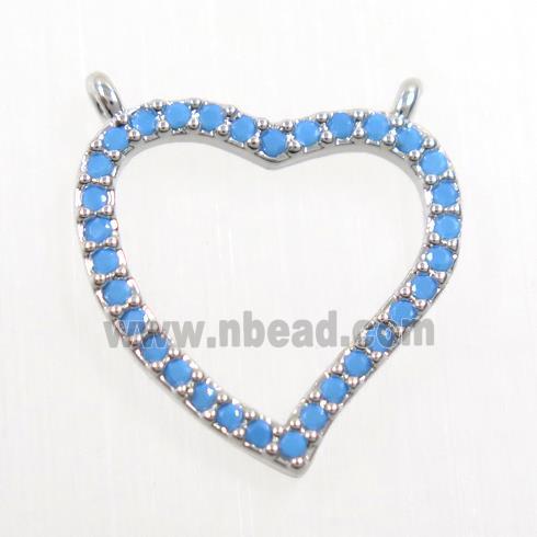 copper heart pendant paved zircon with 2loops, turq, platinum plated