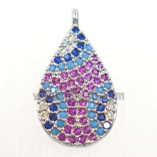 copper teardrop pendant paved zircon, platinum plated