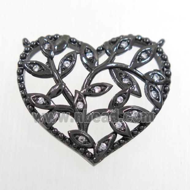 copper pendants paved zircon with 2loops, heart, black plated