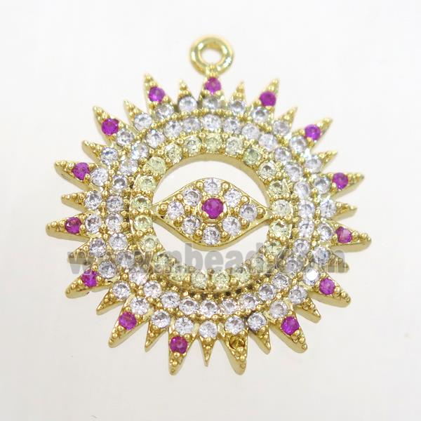 copper sun pendant paved zircon with eye, gold plated