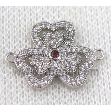 copper Clover connector paved zircon, platinum plated