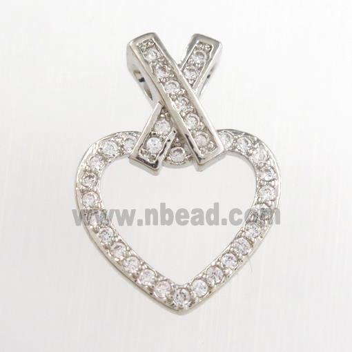 copper heart pendants paved zircon, platinum plated