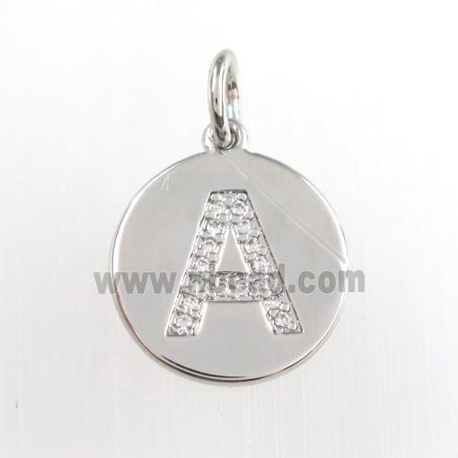 copper pendant paved zircon, letter A, platinum plated