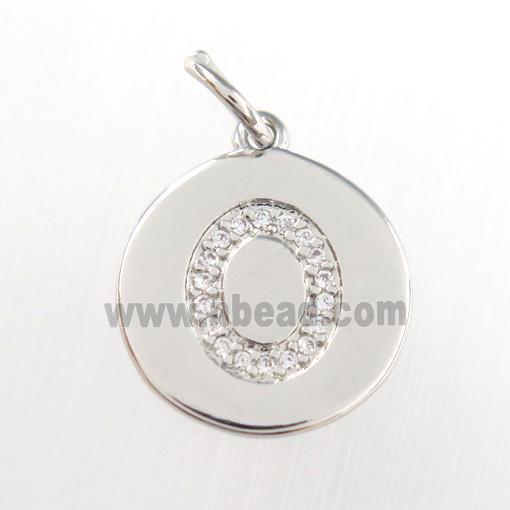 copper pendant paved zircon, letter O, platinum plated