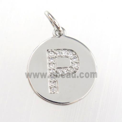 copper pendant paved zircon, letter P, platinum plated