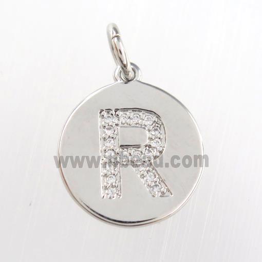 copper pendant paved zircon, letter R, platinum plated