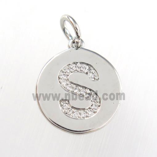 copper pendant paved zircon, letter S, platinum plated