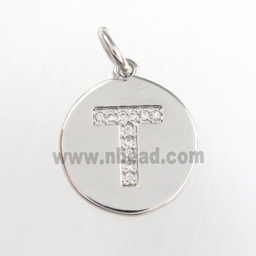 copper pendant paved zircon, letter T, platinum plated