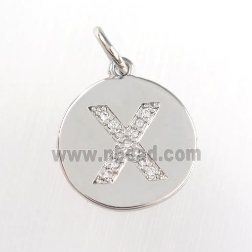 copper pendant paved zircon, letter X, platinum plated