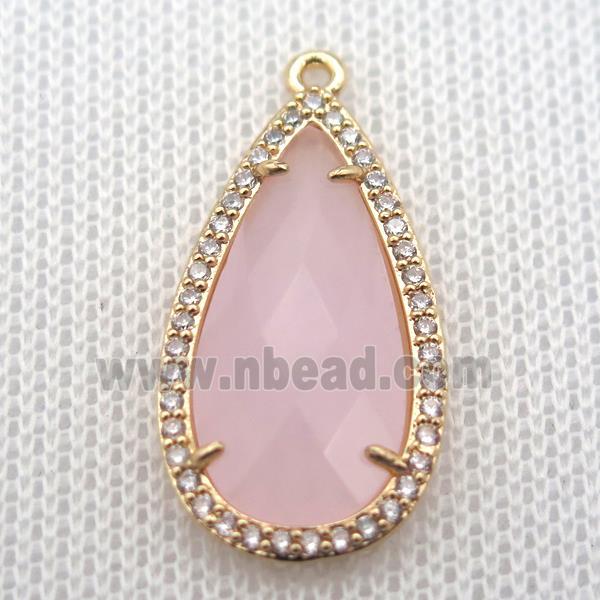copper teardrop pendant pave zircon with pink crystal glass, gold plated