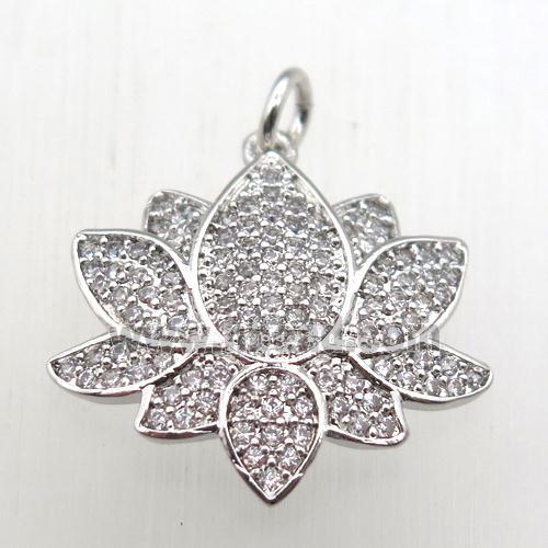 copper lotus pendant pave zircon, platinum plated