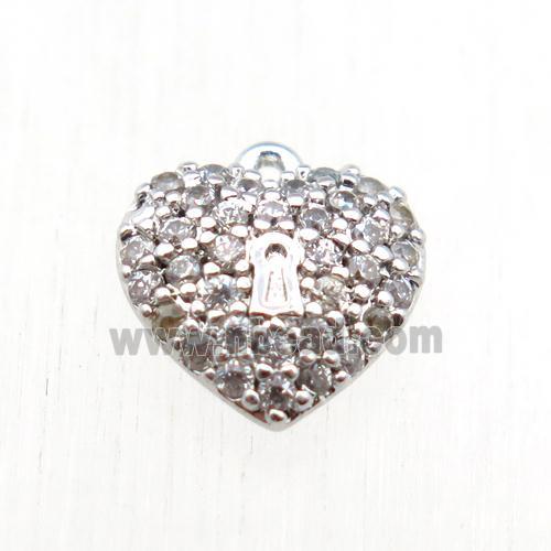 copper heart pendant paved zircon, platinum plated