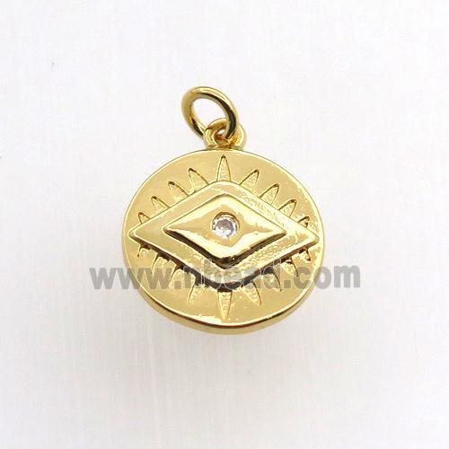 copper circle pendant paved zircon, eye, gold plated