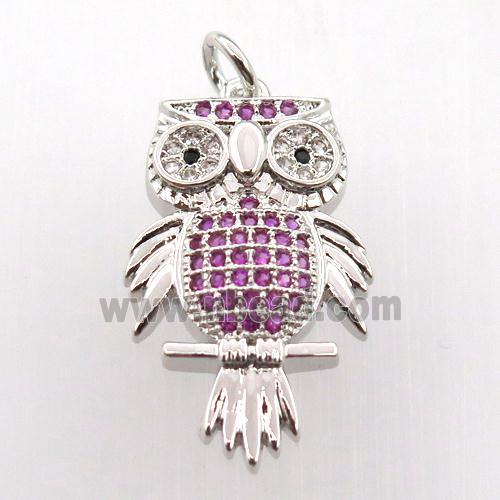 copper owl pendant paved zircon, platinum plated