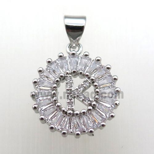 copper letter-K pendant paved zircon, platinum plated