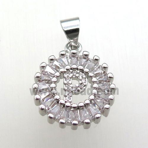 copper letter-P pendant paved zircon, platinum plated