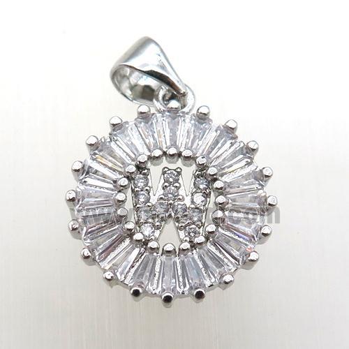 copper letter-W pendant paved zircon, platinum plated