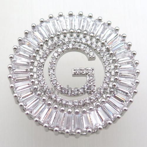 copper letter-G pendant paved zircon, platinum plated