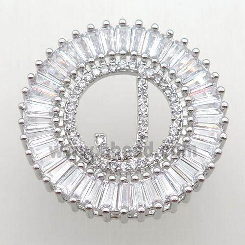 copper letter-J pendant paved zircon, platinum plated